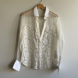 Valentino Ivory Lace Sheer Long Sleeve Floral Button-Up Collared Blouse Size 10